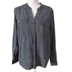 LL Bean M Organic Cotton Button Up Blouse Top Navy Blue Print Roll Tab Sleeves